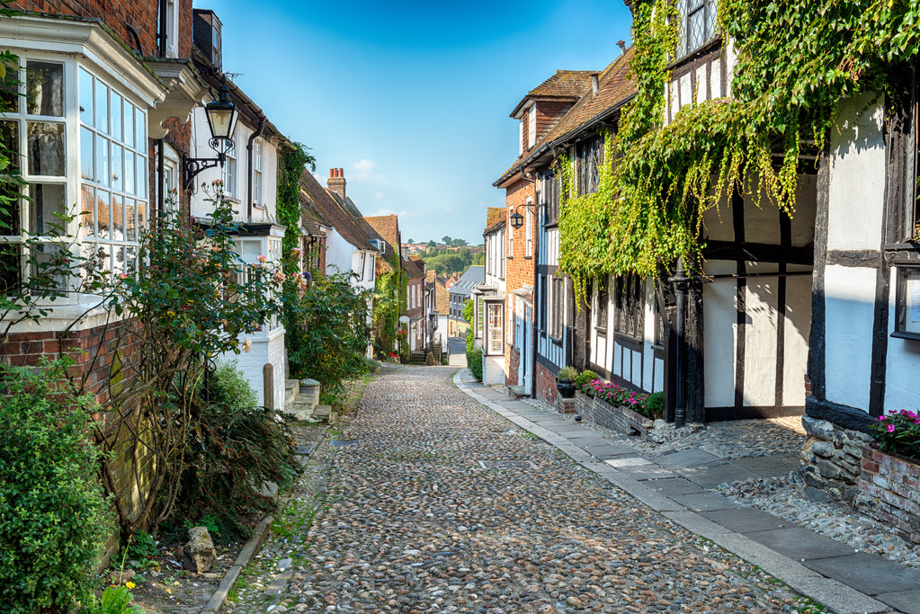 Beautiful old half timbered Tudor style houses on a cobbled street in Rye, East Sussex