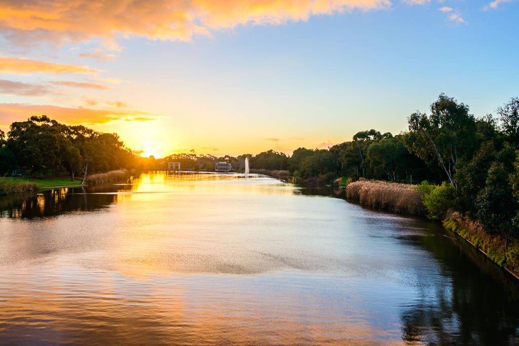 Sunset above Torrens river in Adelaide CBD, South Australia