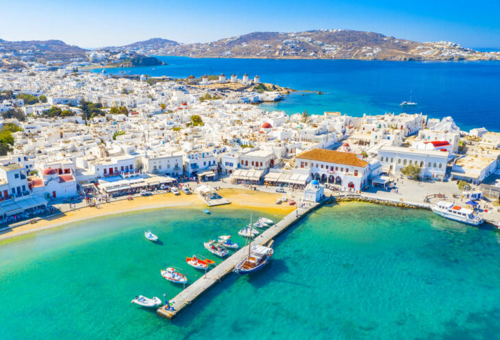 Panoramic view of Mykonos town, Mykonos Island, Greece