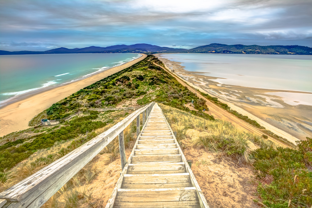 Isthmus, the Neck, connecting North and South Bruny Islands in Tasmania, Australia. Neck Game Reserve at sunset area that protects penguins Australians in Bruny Island, Tasmania, Australia.