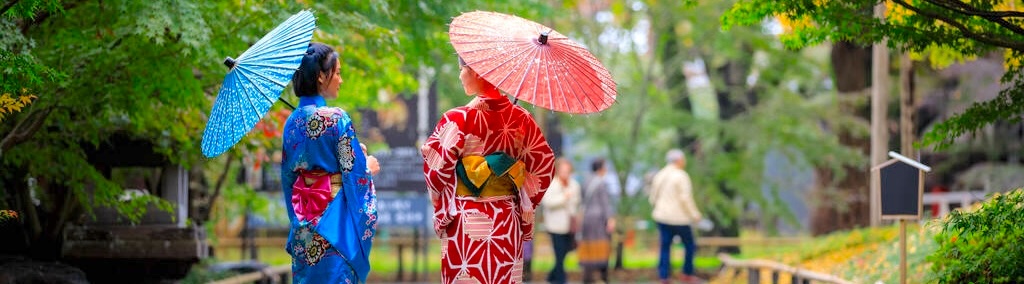 japan tours. two young asian woman wearing blue and red kimono with umbrella on holding hand walking in the park at autumn leaves season in japan
